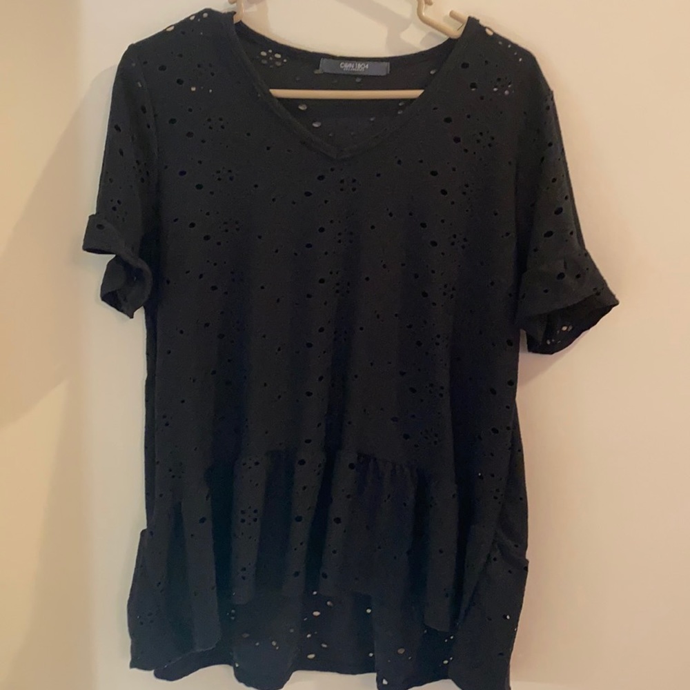 Black Short-Sleeved Top with see-through cutout hole details. Size Large